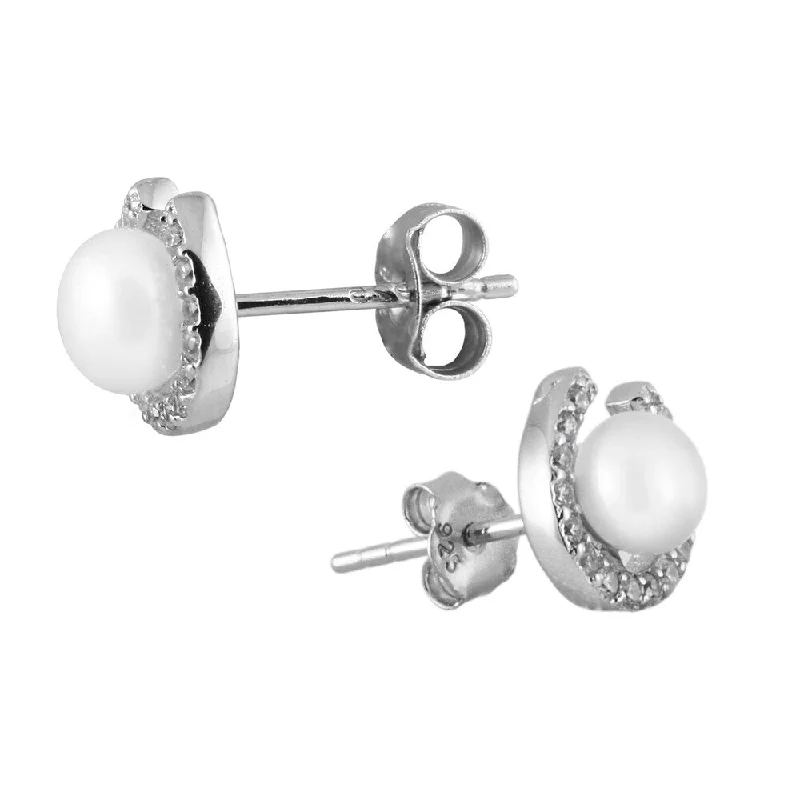 Sterling silver horseshoe shaped earrings with pearl in the center - White