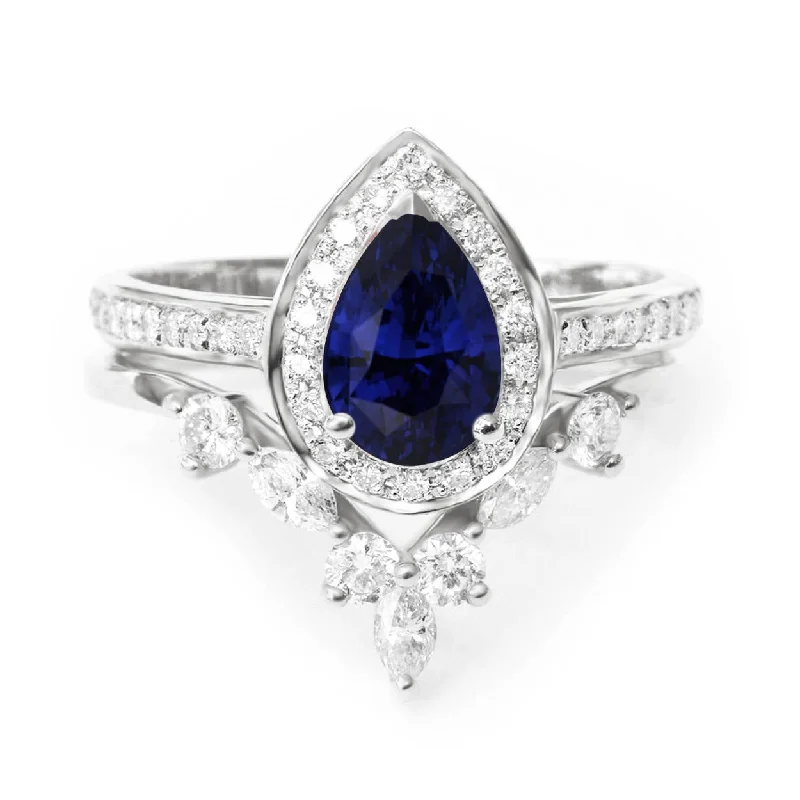 Blue Sapphire Pear Shape & Diamonds Wedding Rings Set - "NIA"