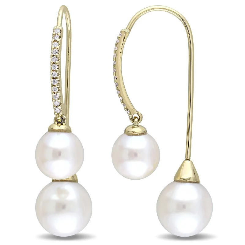 Miadora Cultured Freshwater Pearl 1/7ct TW Diamond Threader Earrings in 14k Yellow Gold