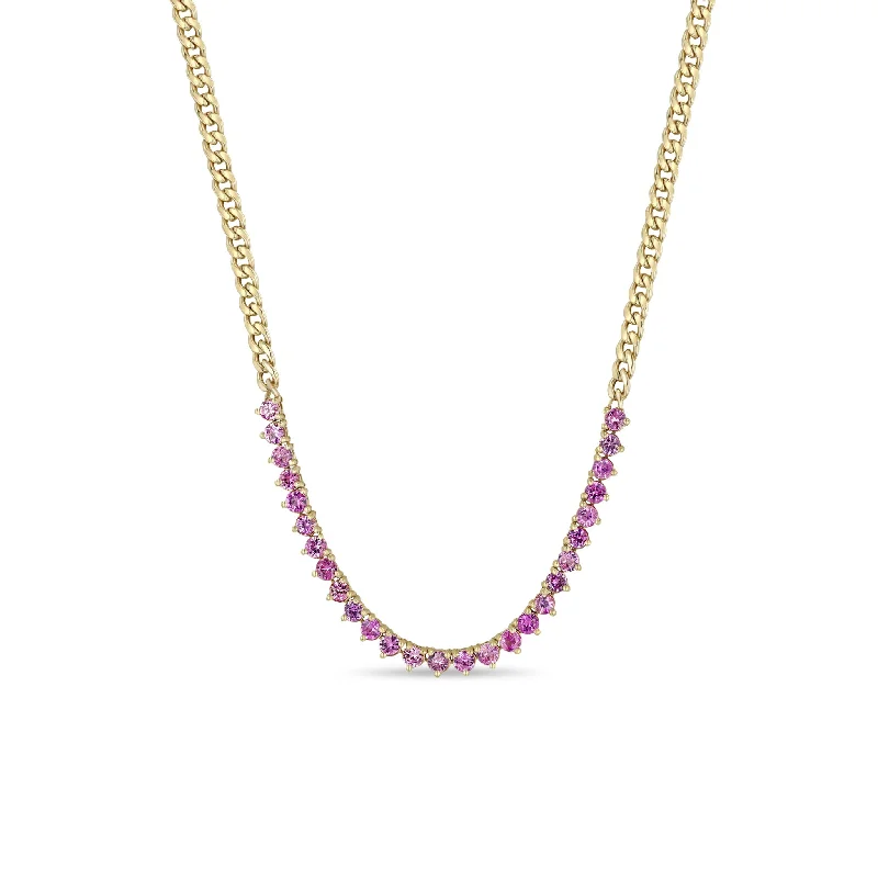 14k Pink Sapphire Tennis Segment Small Curb Chain Necklace