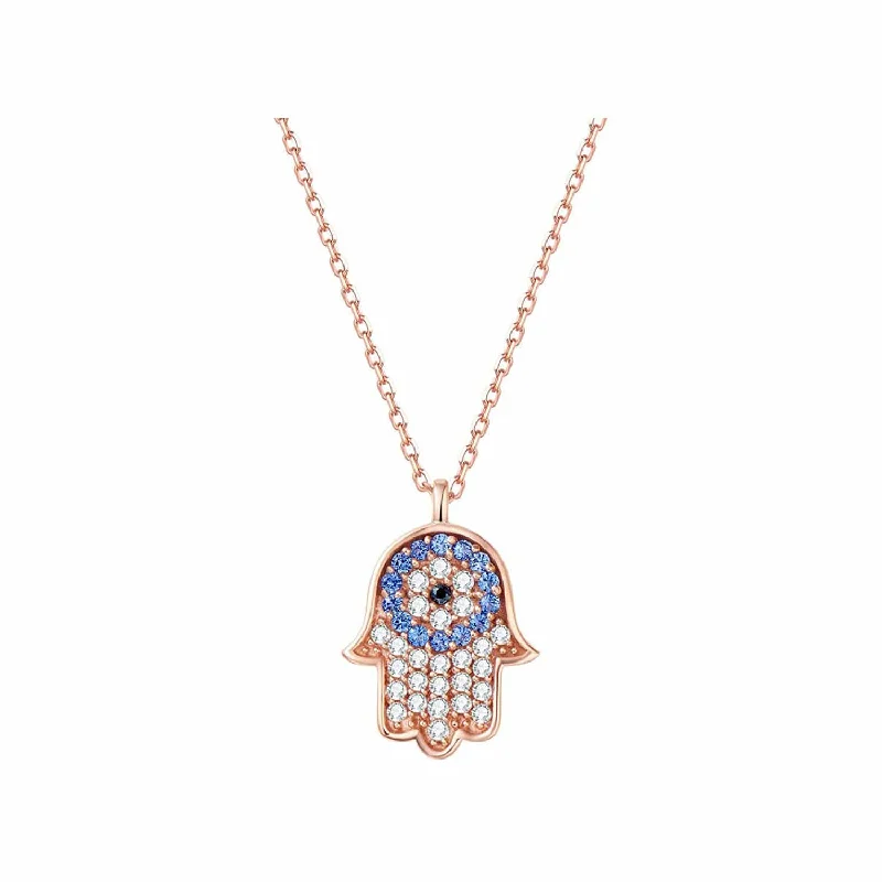 Pave Gemstone 14K Rose Gold Hamsa Blue And White Pendant Necklace