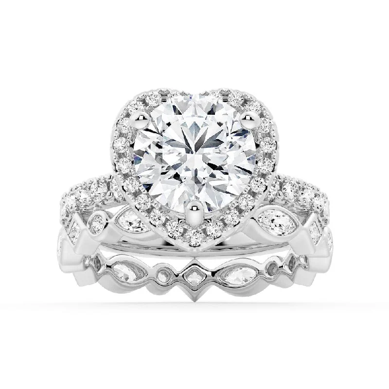 Round Shaped Moissanite Ring Set with Heart Frame Design and Matching Wedding Band