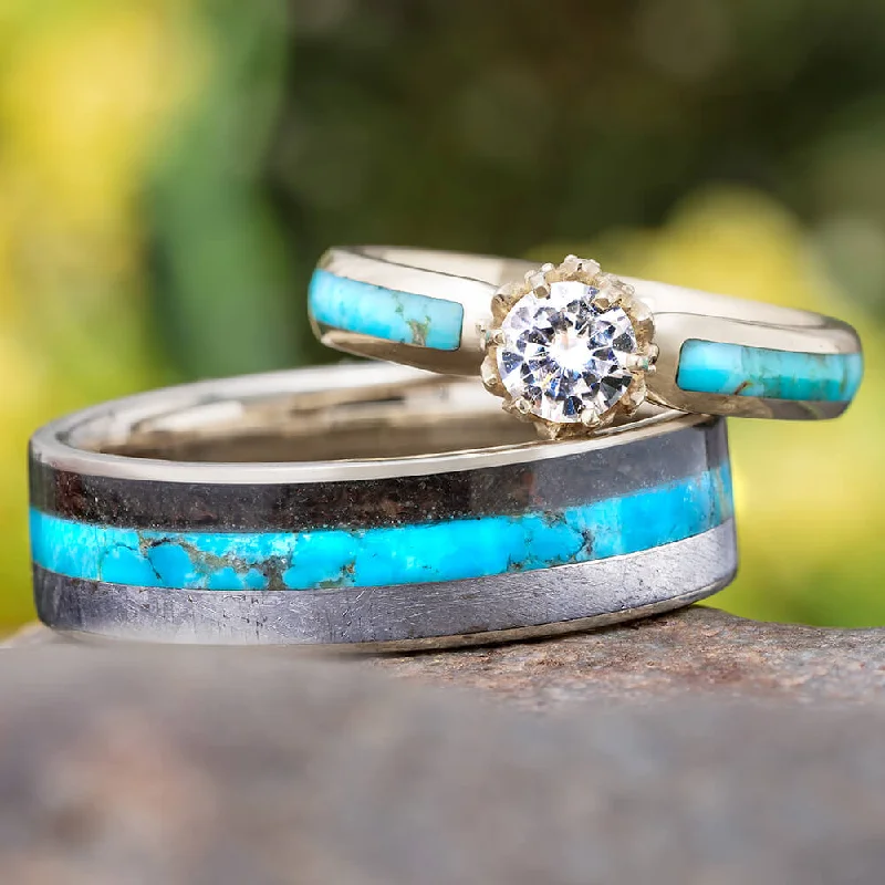 Turquoise Couples Rings with Lotus Prong Engagement Ring