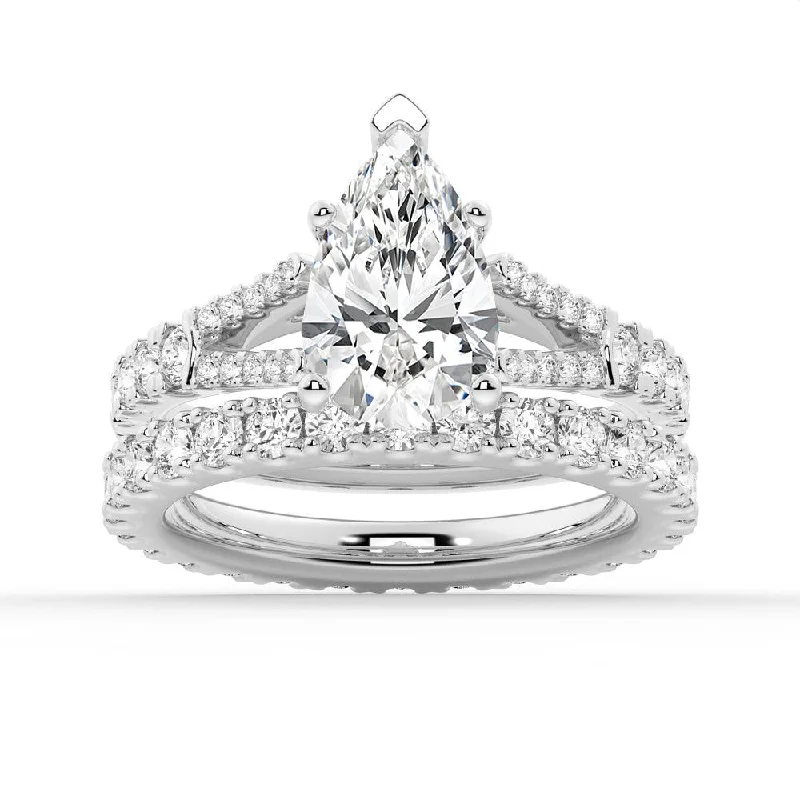 Pear Shaped Split-Shank Moissanite Ring Set with Matching Wedding Band