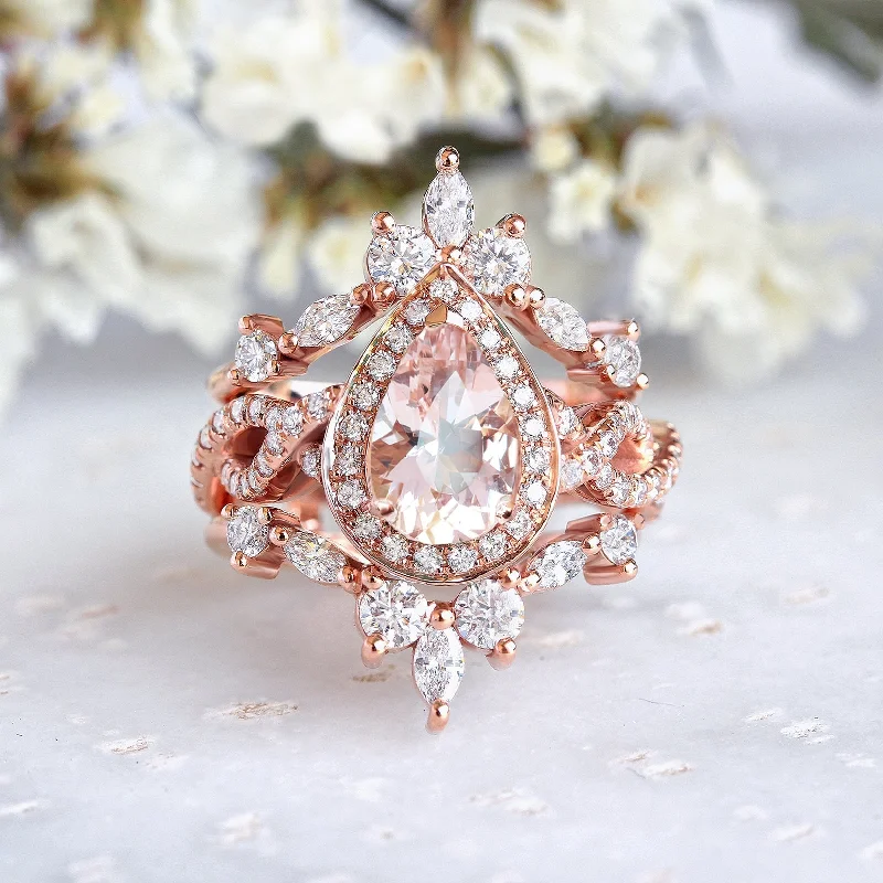 Pear Pink Morganite Twist Shank Band  Engagement Ring & "Iceland" Ring Guard Wedding Set - "Elise"