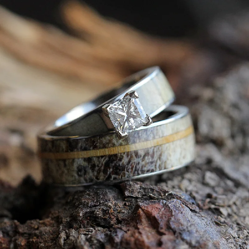 Antler Wedding Ring Set with Princess-Cut Moissanite Engagement Ring