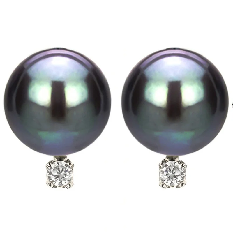 DaVonna 14k White Gold 8-9 mm Tahitian Pearl and Diamond Earrings - Black