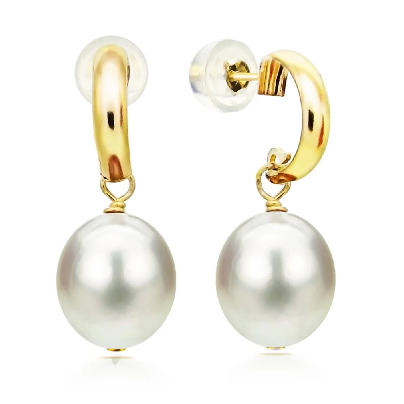 DaVonna 14k Yellow Gold 'C' Shape 8-9mm Long Shape White Freshwater Cultured Pearl Dangle Stud Earrings