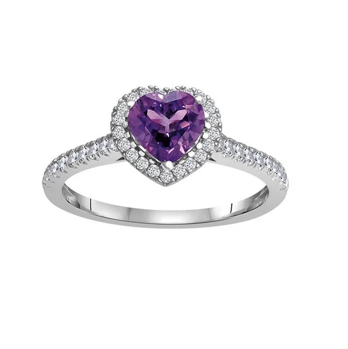 6MM Heart Shape Amethyst and White Sapphire Birthstone Heart Ring in 10KT White Gold