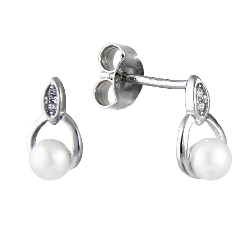 Sterling silver door knocker shaped earrings with a button shaped pearl - White