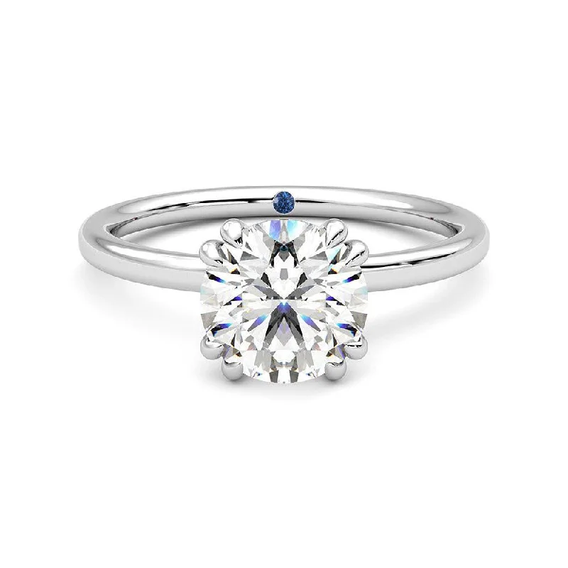 Double Prong Round Moissanite Engagement Ring with Hidden Halo and Anniversary Stone Accent