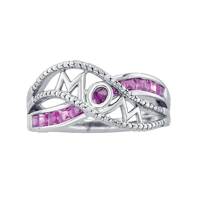 Pink Sapphire and Diamond Mom Ring in Sterling Silver