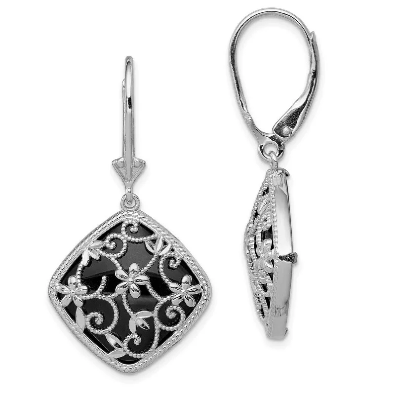 Curata 925 Sterling Silver Dangle Polished Textured and Sparkle Cut Simulated Onyx Leverback Earrings - 41x22mm Wide