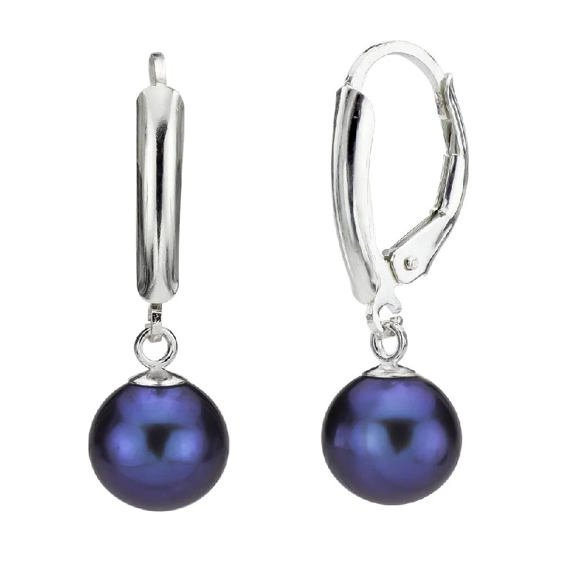 DaVonna Silver 8-9mm Black Round Freshwater Pearl Leverback Earrings