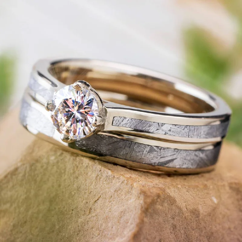 Meteorite Bridal Set With Solitaire Engagement Ring