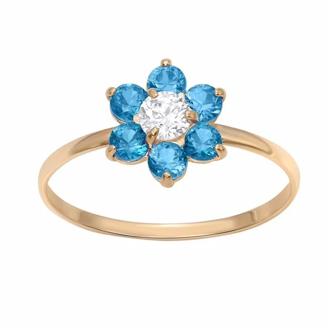 10KT Yellow Gold Blue Topaz Childrens Birthstone Flower Ring; Size 3