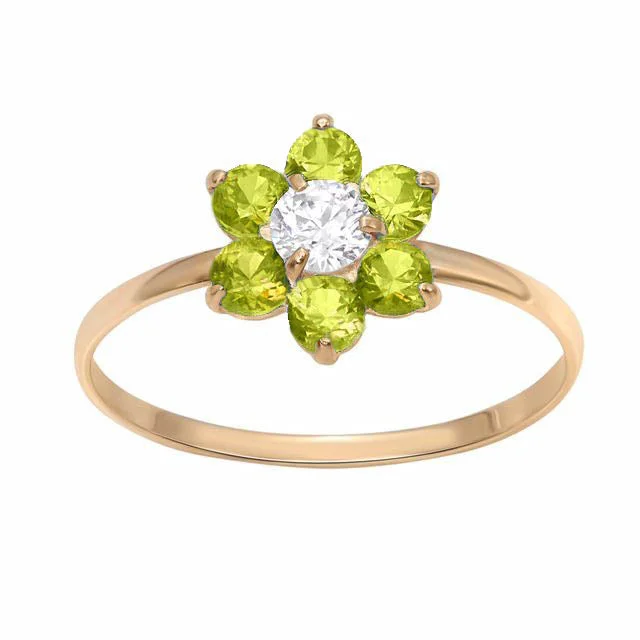 10KT Yellow Gold Peridot Childrens Birthstone Flower Ring; Size 3