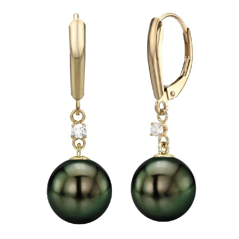 DaVonna 14k Yellow Gold 1/10cttw diamond Black Tahitian Pearl Lever-back Earrings