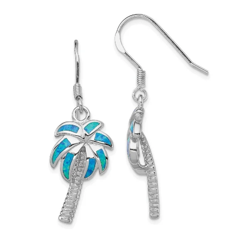 Curata 925 Sterling Silver Polished Shepherd hook Created Blue Simulated Opal Inlay Palm Tree Long Drop Dangle Earrings -