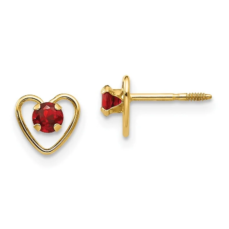 Curata 14k Yellow Gold 3mm Garnet Heart Childrens Earrings(6x6mm)