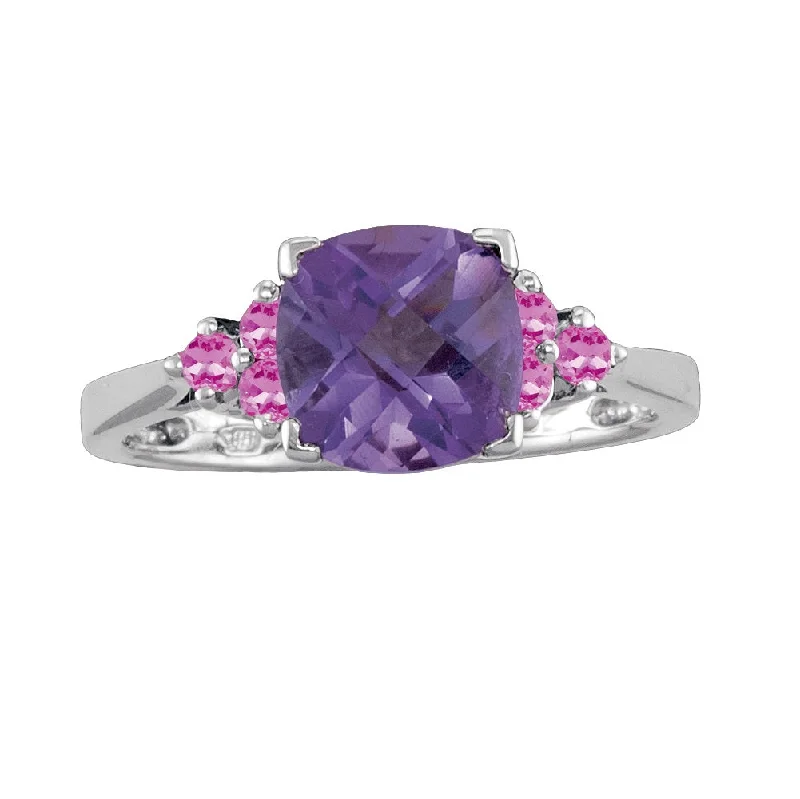 8MM Cushion Amethyst and Pink Sapphire Ring in Sterling Silver