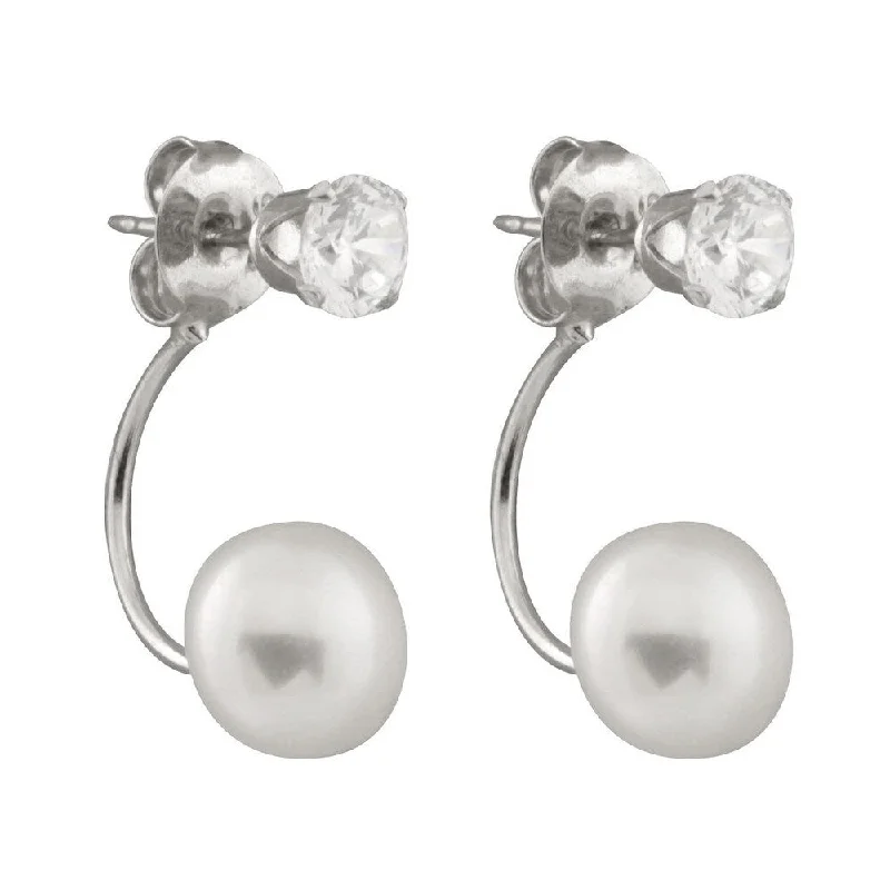 Sterling Silver Double Dangling Freshwater Pearl and Cubic Zirconia Earrings (8-9mm)