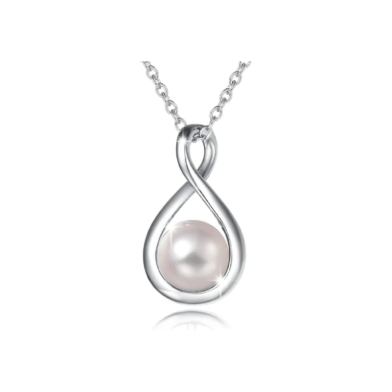 "Infinite Embrace" June Birthstone White Pearl Infinity Symbol Sterling Silver Pendant Necklace