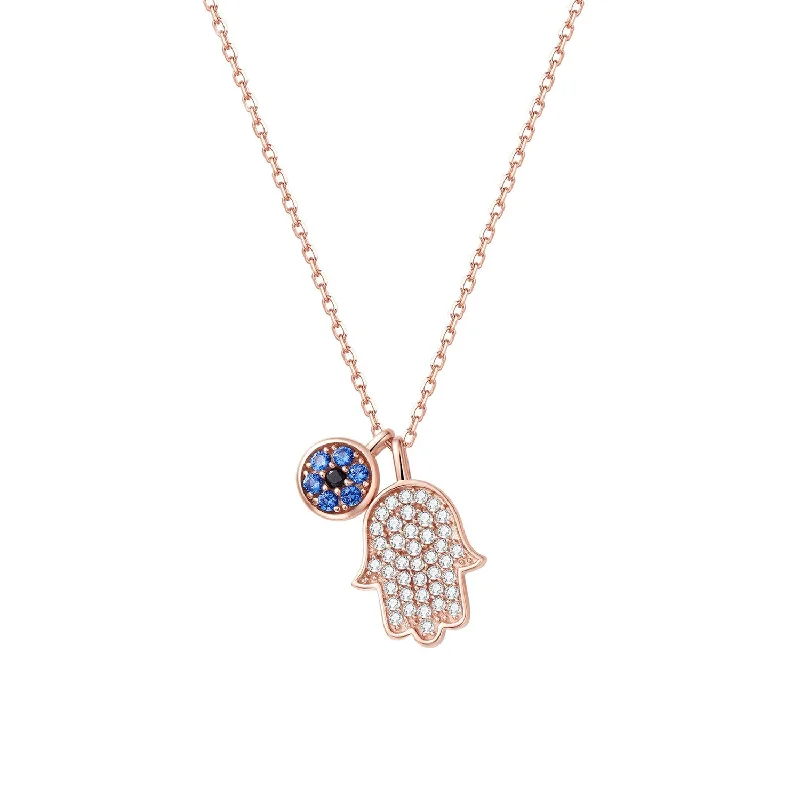 Hamsa 14K Real Rose Gold Pendant Necklace, 18 INCH