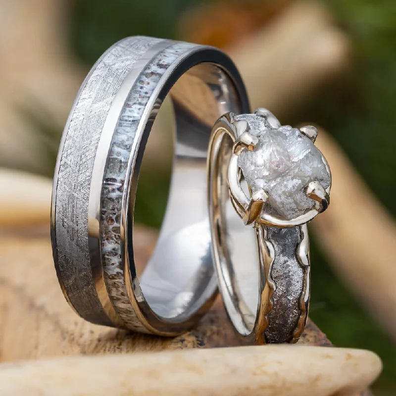 Meteorite Wedding Ring Set with Rough Diamond Engagement Ring