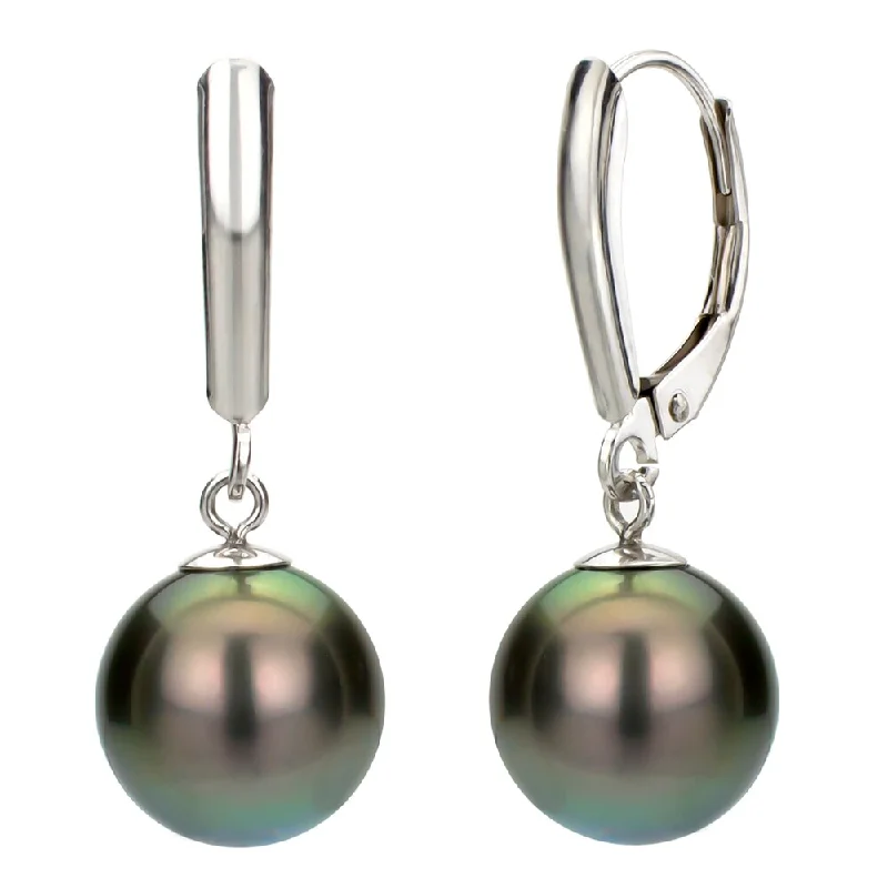 DaVonna Silver Black Tahitian Pearl Leverback Earrings (10-11 mm)