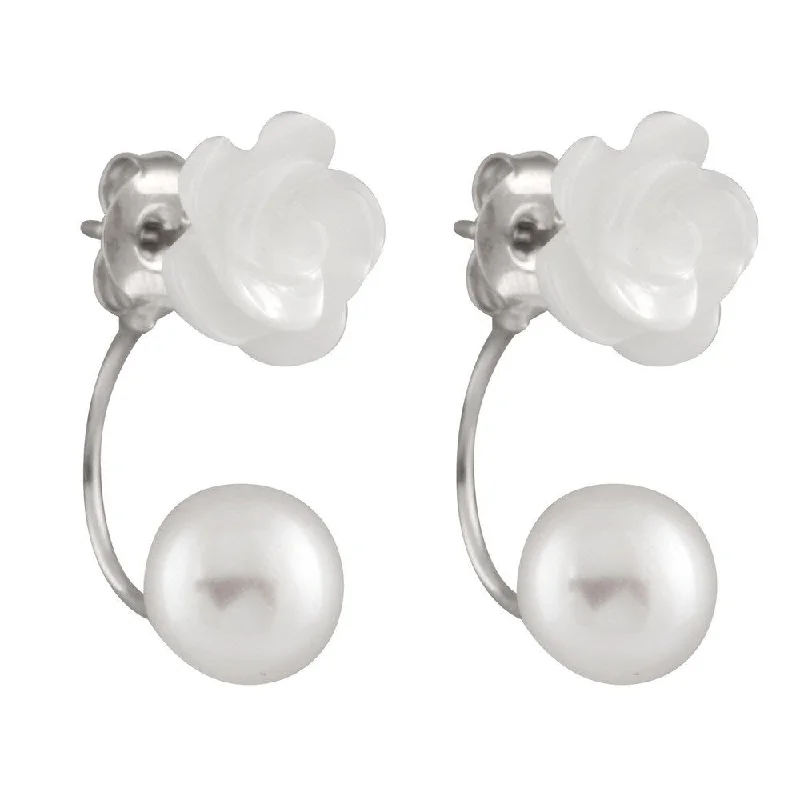 Sterling Silver Mother of Pearl and Freshwater Pearl Flower Earrings (8-9mm)