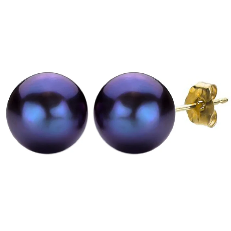 DaVonna 14k Yellow Gold Black FW Pearl Stud Earrings (11-12 mm)