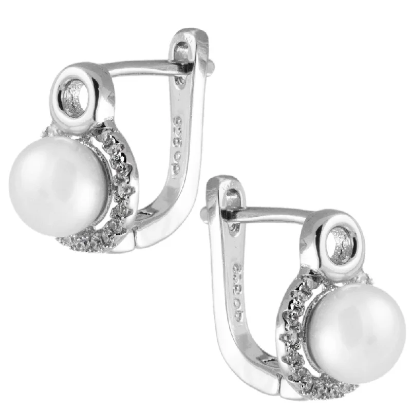 Sterling silver halo earrings with cubic zirconiac surrounding the pearl in the center - White