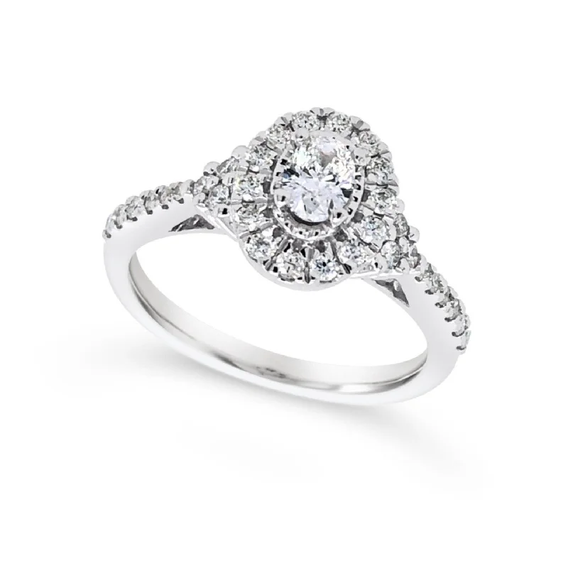 Oval Diamond and Halo Tapered Detail Engagement Ring