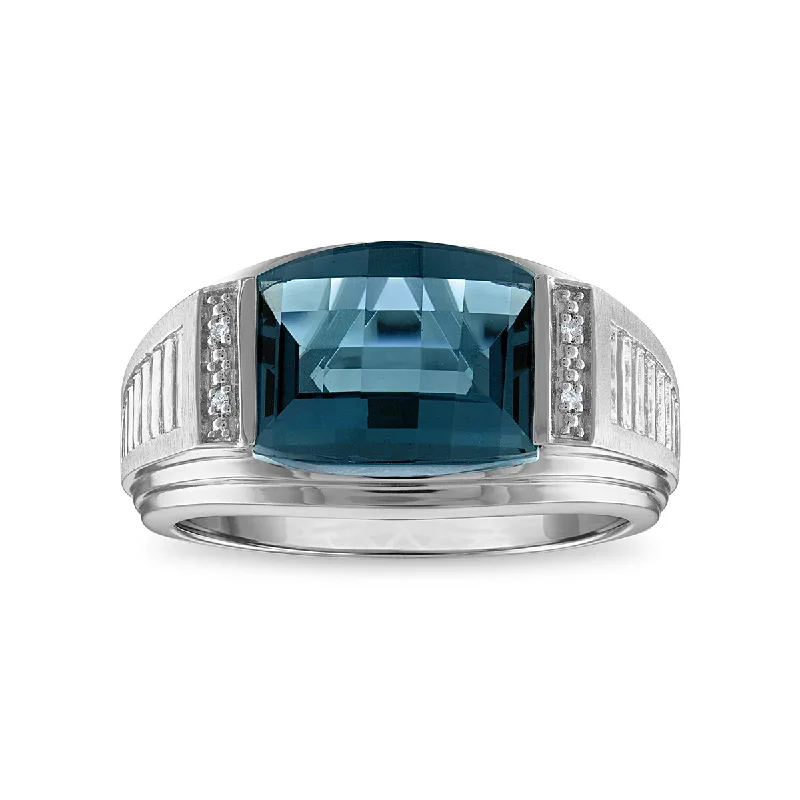 12X10MM Cushion London Blue Topaz and Diamond Gem Stone Diamond Accent Ring in Rhodium Plated Sterling Silver