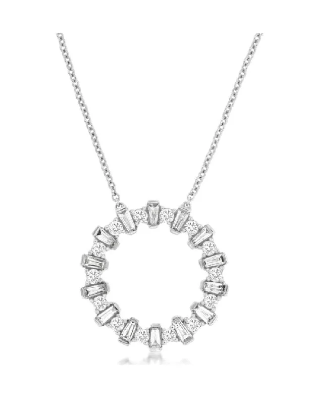 14k white gold circle baguette/round diamond 18" necklace