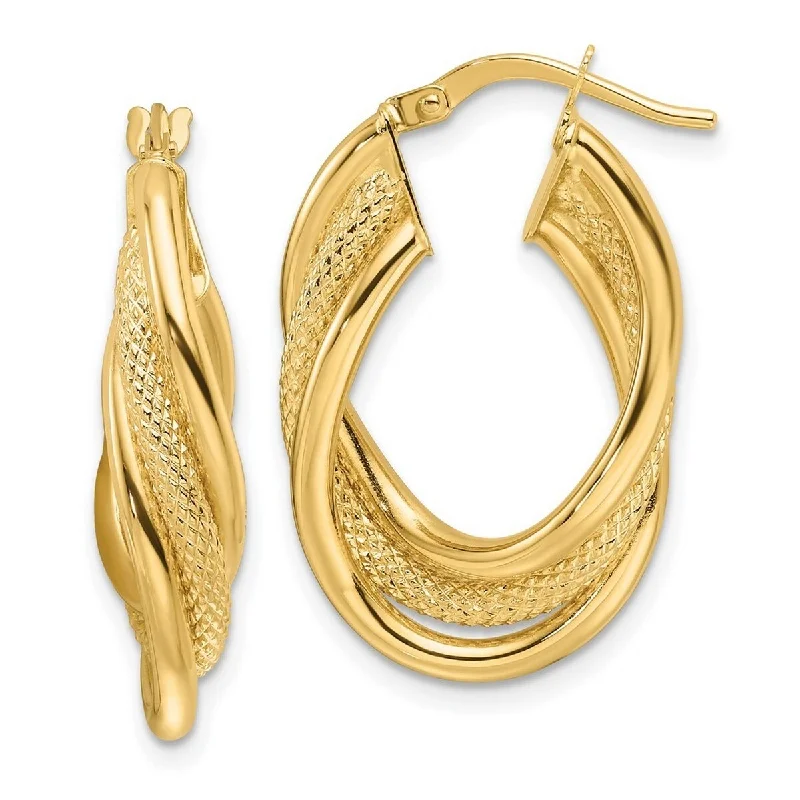 Curata 14k Yellow Gold Polished Textured and Intertwined Oval Hoop Earrings - 27.5x16.8mm