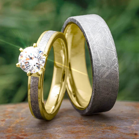 Meteorite Wedding Ring Set With Solitaire Engagement Ring