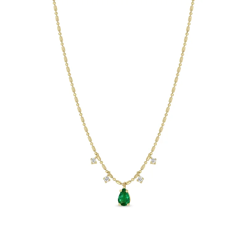 14k Pear Emerald Pendant & Dangling Diamonds Tube Bar Chain Necklace