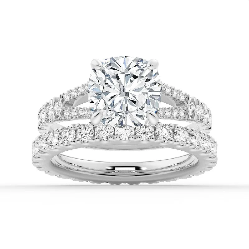 Cushion Cut Split-Shank Moissanite Ring Set with Matching Wedding Band