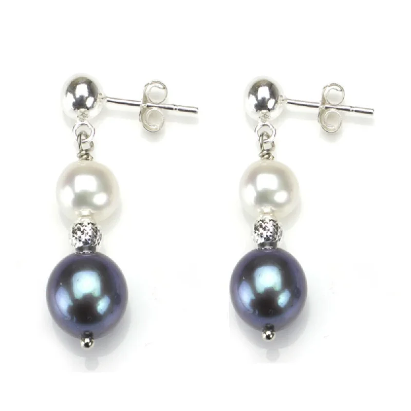 DaVonna Sterling Silver White and Black Pearl Dangle Earrings (6-10 mm)