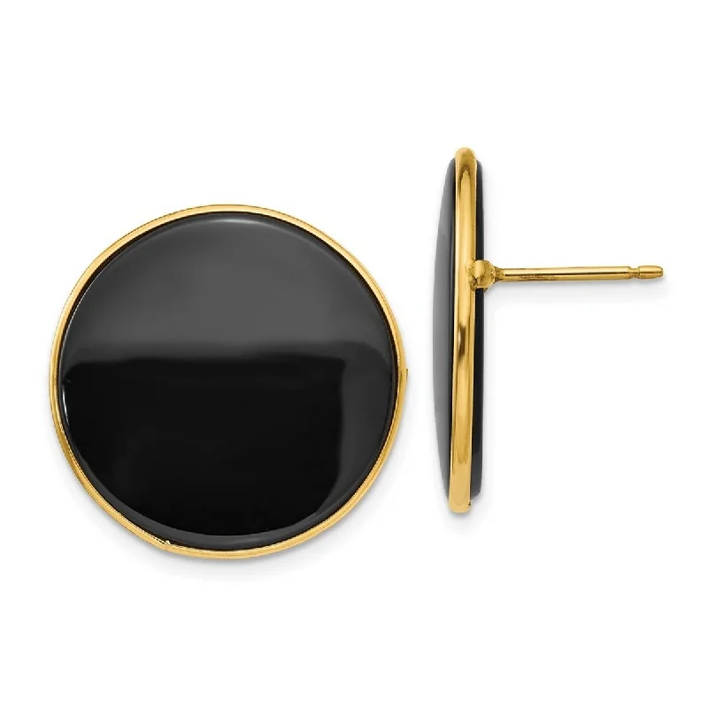 Curata 14k Yellow Gold Created Black Onyx Button Earrings (21mm)