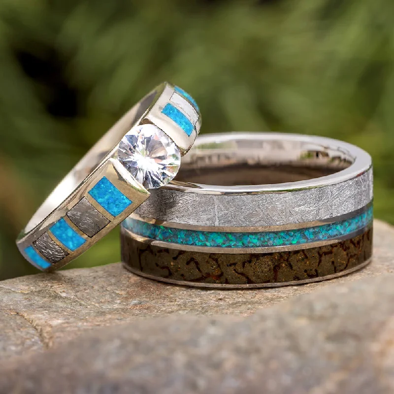 Unique Opal Wedding Ring Set with a Cathedral Style Engagement Ring