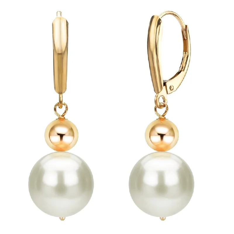 DaVonna 14K Yellow Gold 9.5-10mm Freshwater White Pearl Earrings Lever-back with 6mm Yellow Gold Bead