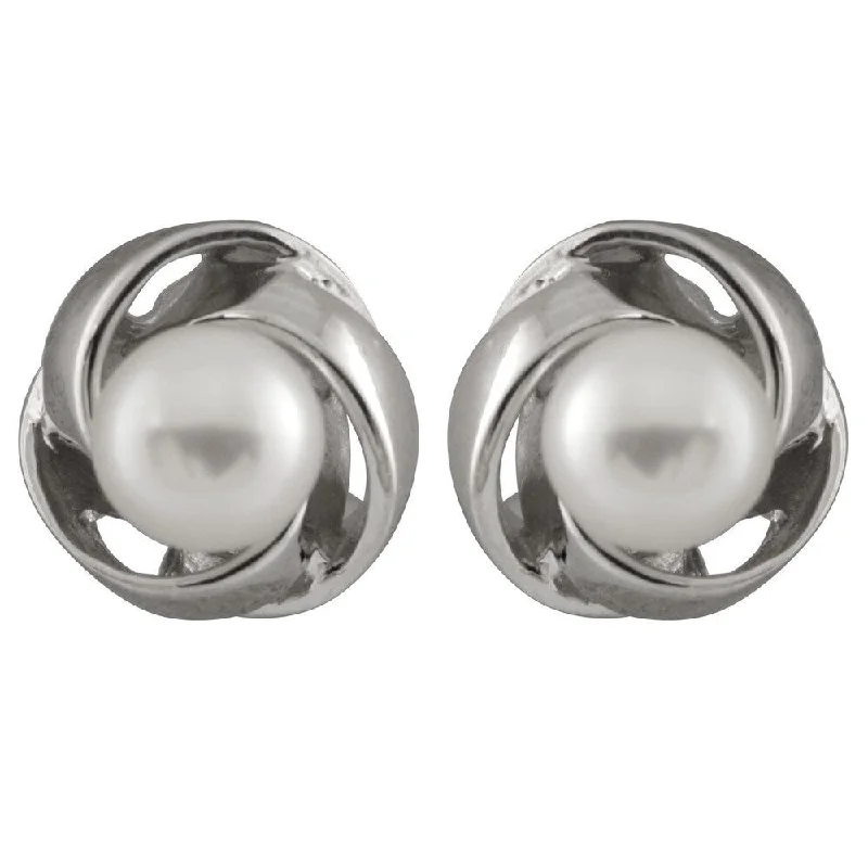 Sterling Silver White Round Freshwater Pearl Love Knot Stud Earrings (6-7mm)