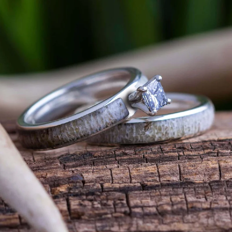 Moissanite Bridal Ring Set, Antler Engagement Ring With Band