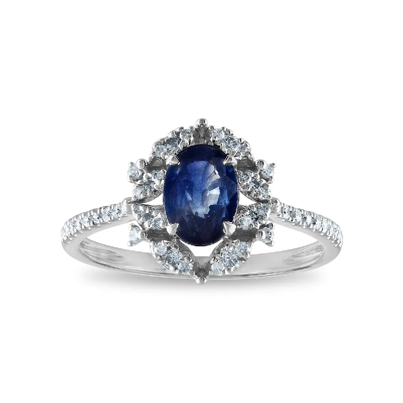 7X5MM Oval Sapphire and Diamond Halo Ring in 10KT White Gold