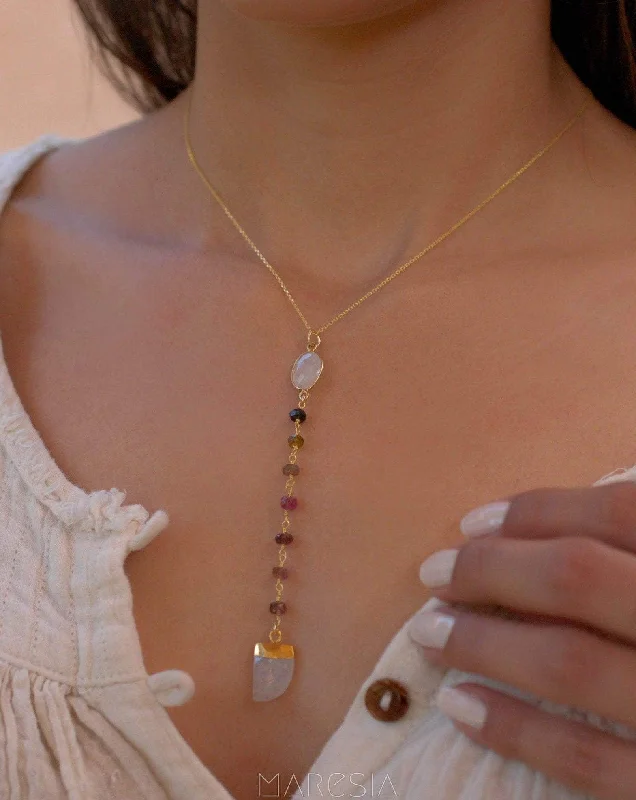 Moonstone & Tourmaline Y Necklace ~ Gold Vermeil ~ MN048