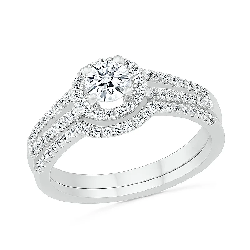 Unique Halo Engagement Ring With Matching Band