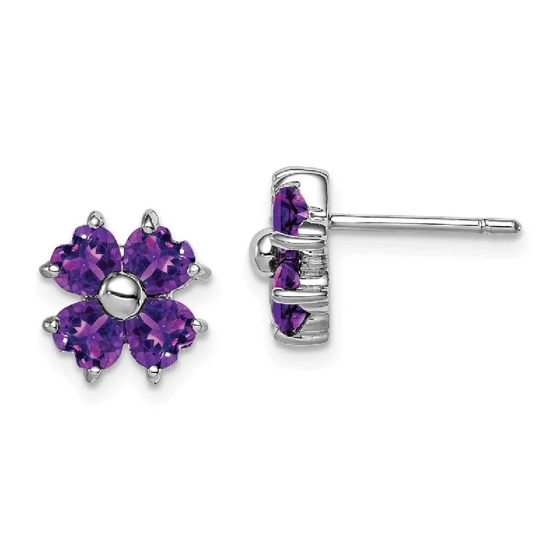 Curata 925 Sterling Silver 9mm Rhodium Amethyst Flower Post Earrings